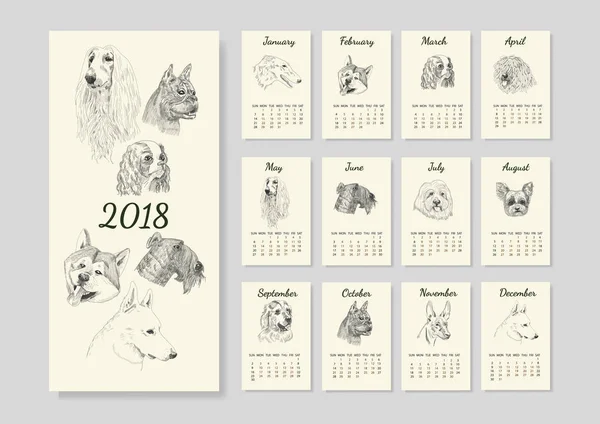 Календар з чистокровними ескізами собак . — стоковий вектор