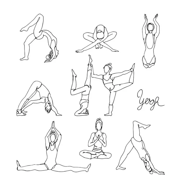 Yoga egzersizleri çizimler doodle. — Stok Vektör