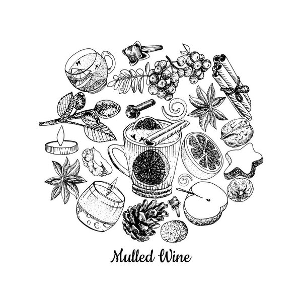 Mulled wine ingredients illustration. 