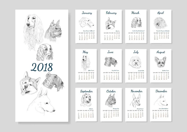 Календар на 2018 рік з різними породами собак і їх іменами . — стоковий вектор