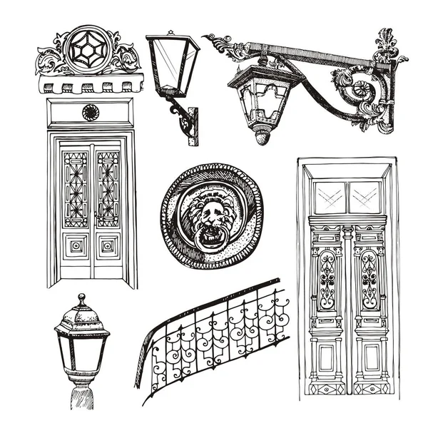 Puertas de estilo antiguo y elementos de construcción aislados sobre fondo blanco — Archivo Imágenes Vectoriales