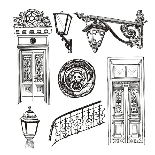 Old style doors and building elements isolated on white backgrou — Stock Illustration Old style doors and building elements isolated on white backgrou Royalty Free Stock Illustrations