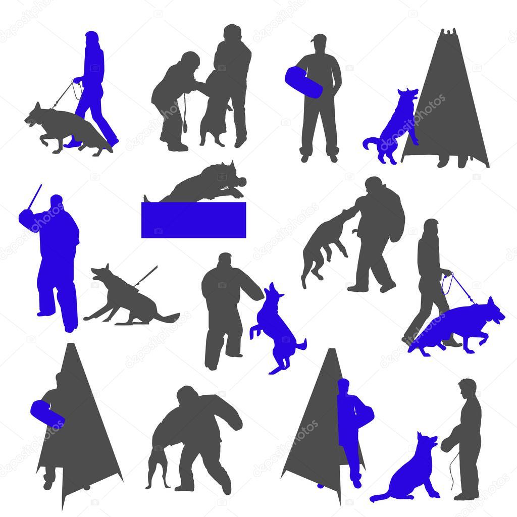 Dog sport and training silhouettes isolated on white background.