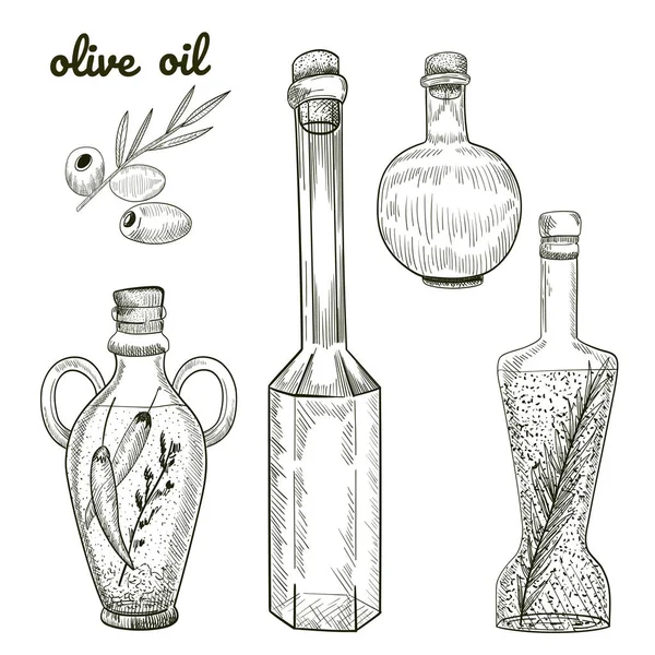 Oil bottles hand drawn sketch isolated on white background. — Stock Vector