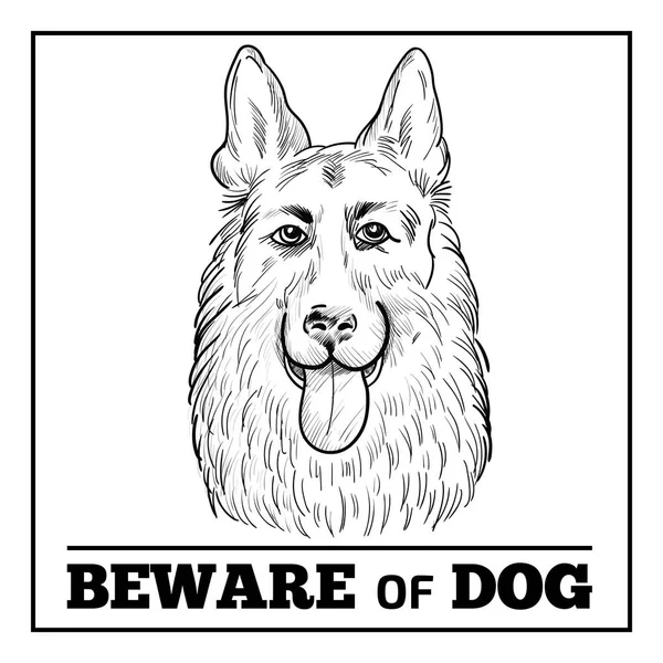 German Shepherd portrait with beware sign. — Stock Vector