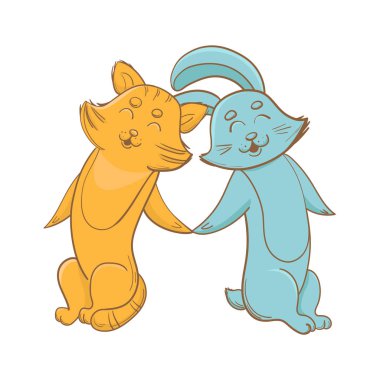 Sevimli tavşan ve birlikte elele kitty. Evde beslenen hayvan dükkan karakterler