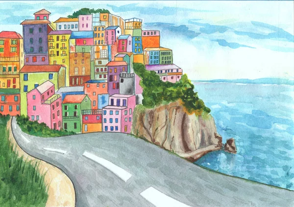 Positano färgglada hus nära Medelhavet hand dras akvarell illustration. — Stockfoto