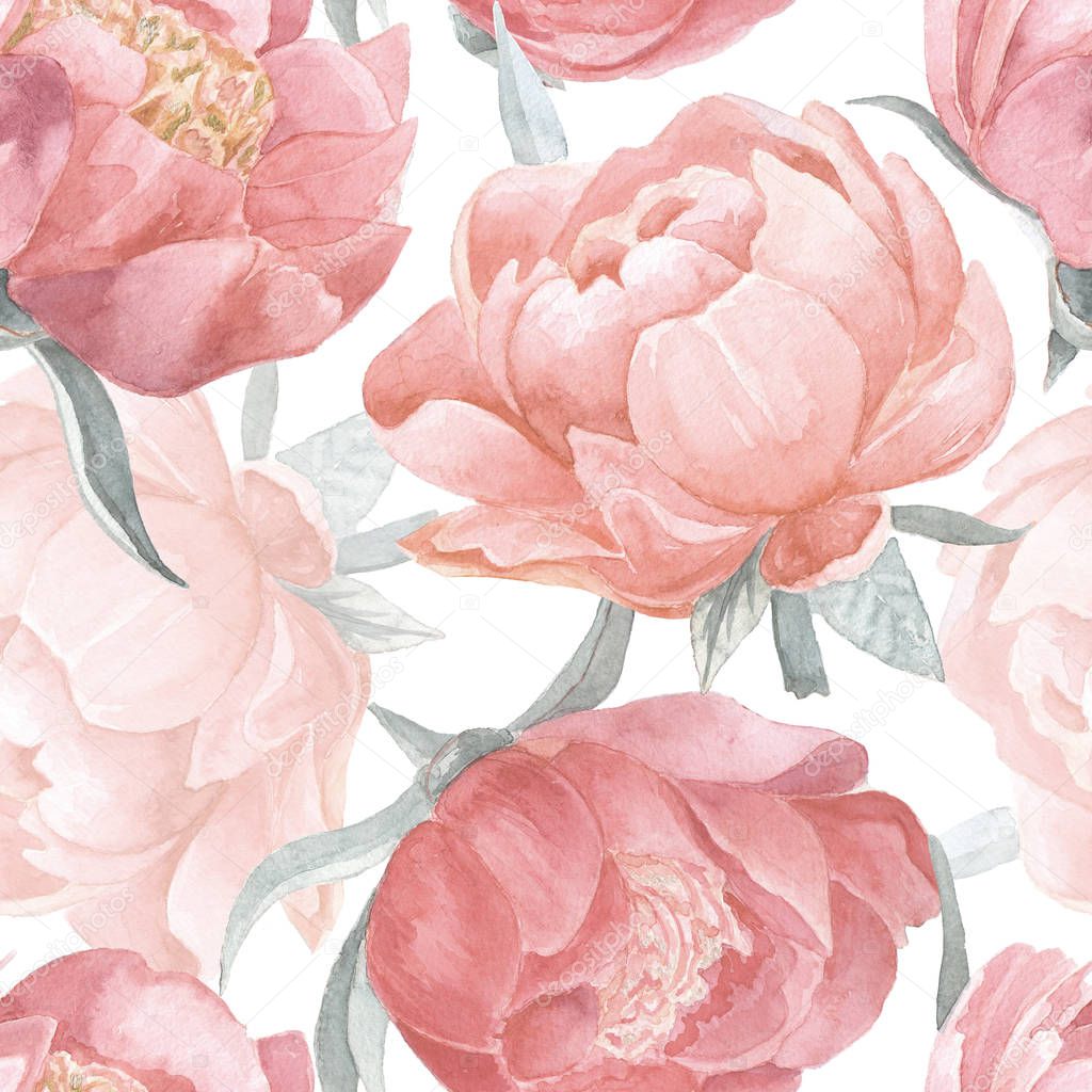 Peony bloom watercolor seamless pattern.