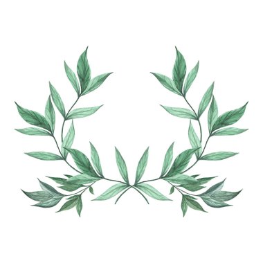 Beyaz arkaplanda yeşil yapraklar var. El çizimi suluboya çerçeve düğün davetiyesi şablonu.