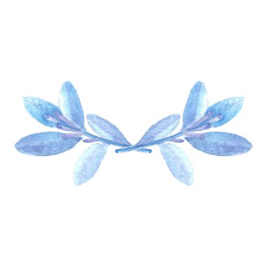 Mavi yapraklar beyaz arka planda izole edilmiş. El çizimi suluboya çerçeve düğün davetiyesi şablonu.