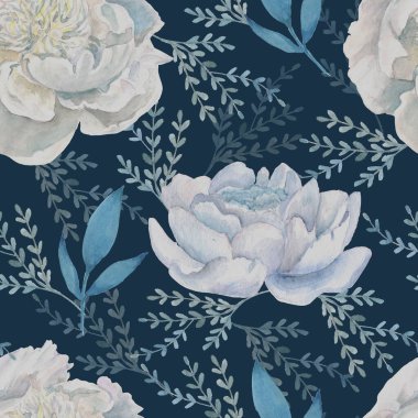 Koyu mavi arka planda beyaz şakayıklar. Çiçeksiz suluboya desen.