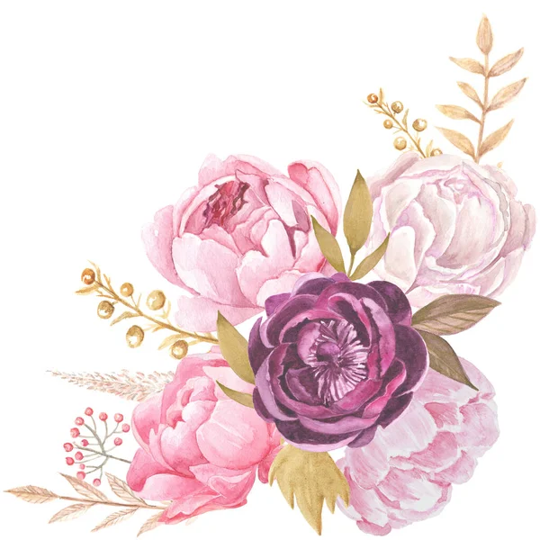 Peônias Cor Rosa Borgonha Com Buquê Folhas Douradas Modelo Cartão — Fotografia de Stock