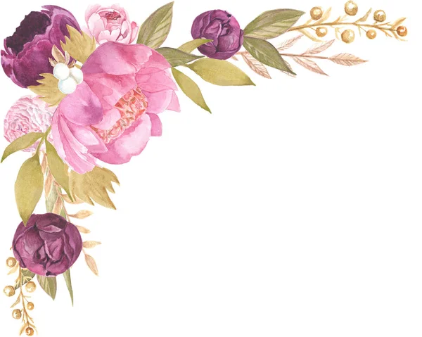Borgonha Aquarela Peônias Rosa Com Folhas Douradas Isoladas Fundo Branco — Fotografia de Stock