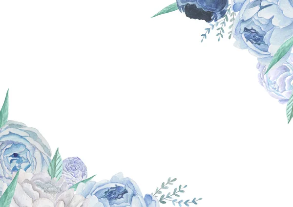 Ρετρό Vintage Μπλε Τριαντάφυλλα Λευκό Φόντο Υδατογραφία Floral Πλαίσιο Πρόσκληση — Φωτογραφία Αρχείου