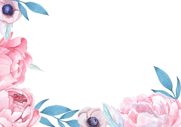Розовые Пионы Цветы Ветра Листьями Белом Фоне Ручной Рисунок Цветочные — стоковое фото