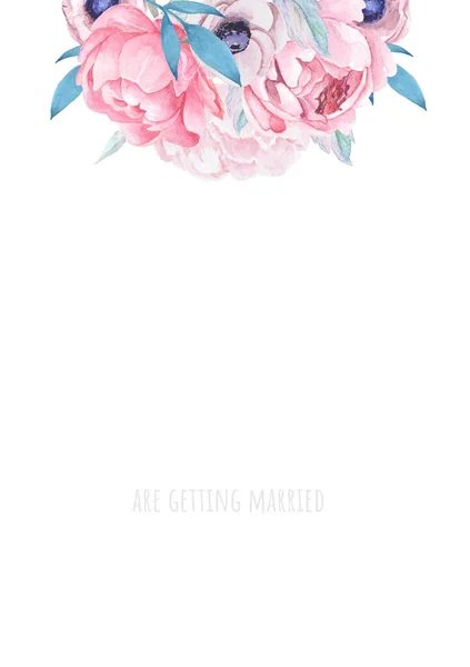 Розовые Пионы Цветы Ветра Букетом Зеленых Листьев Шаблон Приглашения Свадьбу — стоковое фото