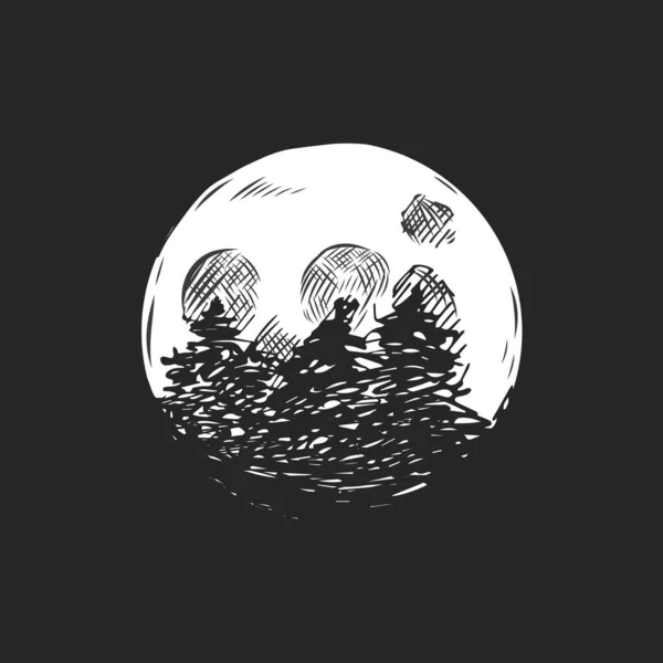 Pleine Lune Dans Ciel Sombre Illustration Vectorielle Dessinée Main Silhouettes — Image vectorielle