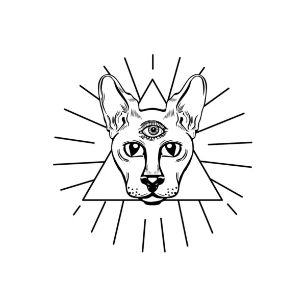 三眼甲骨文猫手绘图解 在白色背景上孤立的三角形中的天猫 神秘魔法 圣餐或巫术主题的元素 — 图库矢量图片