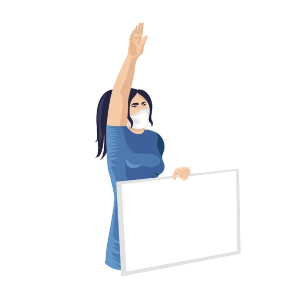 Kvinna Bär Medicinsk Mask Höjde Handen Demonstration Vektor Illustration Kvinna — Stock vektor