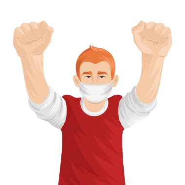 Tıbbi maske takan kızıl saçlı adam sert yumruk vektör çizimi kaldırdı. Maskeli isyancı beyaz arka planı protesto etmek için elini kaldırdı.