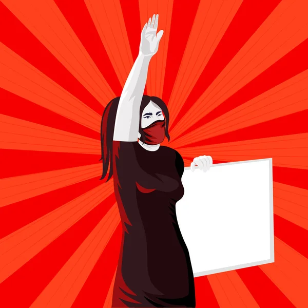Kvinna Bär Mask Upp Handen Demonstration Vektor Illustration Kvinnlig Rebell — Stock vektor