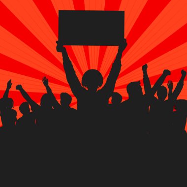 Kırmızı retro arka planda kalabalık bir protesto silueti. Pankart vektörlü insanlar.