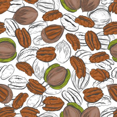 Cevizli fındıklı el çizimi vektörsüz desen. Kabuklu fındıklar sonsuz arkaplan.