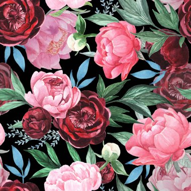 Siyah arka planda renkli suluboya şakayıklar. Elle boyanmış, pürüzsüz desen. Yüzey tasarımı için bitmeyen bir desen. Geniş suluboya çiçek şakayıkları ile kusursuz desen.