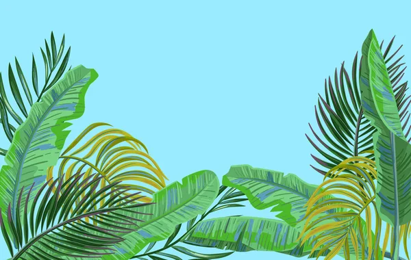 Mavi Arka Planda Vektör Tropikal Yapraklar Egzotik Botanik Arka Plan — Stok Vektör