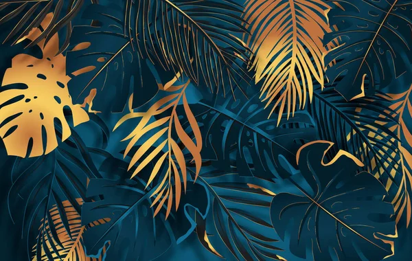 Feuilles Tropicales Turquoise Vectorielles Dorées Foncées Sur Fond Sombre Design — Image vectorielle