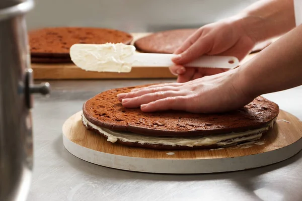 Woman is preparing chocolate cake with milk cream. The process of making the chocolate cake, from begin to the end. Made by hands for confectionery.