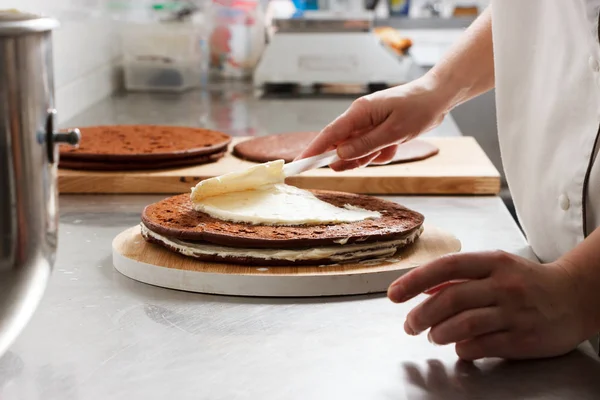 Woman is preparing chocolate cake with milk cream. The process of making the chocolate cake, from begin to the end. Made by hands for confectionery.