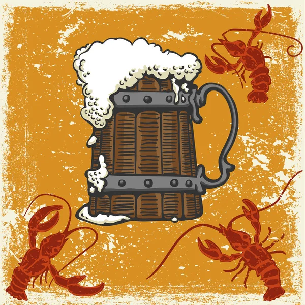 Taza con cerveza y cangrejos de río — Vector de stock