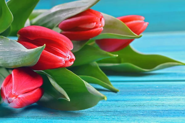 Bonne fête des mères. Tulipes sur fond de bois bleu — Photo