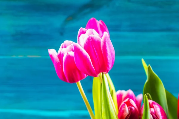 Bukett av rosa tulpaner på blå trä bakgrund... Glad mors dag. — Stockfoto