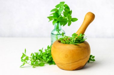 Hafif bir arka plan üzerinde ahşap bir harç yeşil limon fesleğen. Fesleğen şişe.