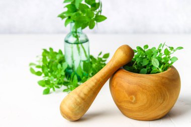 Hafif bir arka plan üzerinde ahşap bir harç yeşil limon fesleğen. Fesleğen şişe.