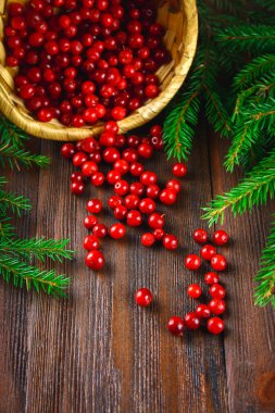 Fuska, kahverengi ahşap bir masa üzerinde sepeti üzerinden foxberry, kızılcık, İsveç kirazı sips. Çam dalları tarafından çevrili.