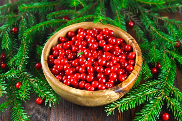 Cowberry, foxberry, cranberry, lingonberry en un tazón de madera en una mesa de madera marrón. Rodeado de ramas de abeto . — Foto de Stock