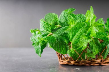 Yeşil gri bir arka plan üzerinde bir sepet içinde nane