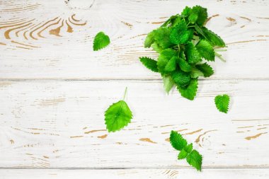 Melissa kadar yüksek detaylı yakın çekim vintage bir beyaz tahta masaya vurdu. seçici odak