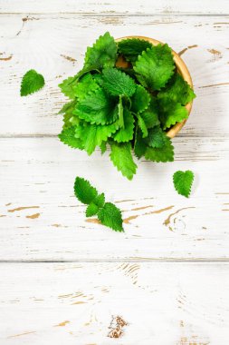 Melissa kadar yüksek detaylı yakın çekim vintage bir beyaz tahta masaya vurdu. seçici odak