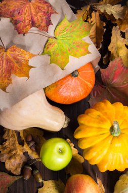 Sonbahar doğa kavramı. Güz pumpkins ve ahşap rustik masa üzerinde elma. Şükran günü yemeği