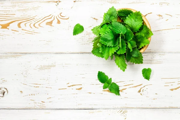 Melissa als hoog gedetailleerde close-up shot van een vintage witte houten tafel. selectieve aandacht — Stockfoto