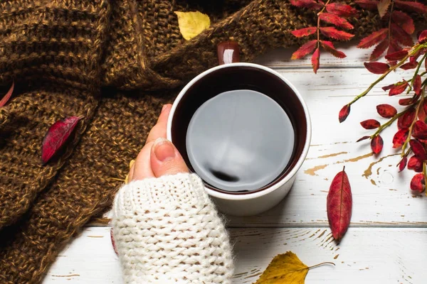 Bir kadının elinde bir kazak örme bir eşarp ile ahşap bir masa üzerinde sonbahar ortamda sıcak kahve bir fincan kazak. Konfor, sıcaklık, rahat.