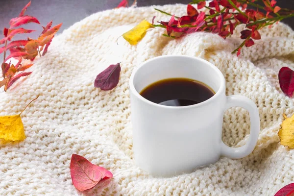 Örme bir eşarp ile ahşap bir masa üzerinde sonbahar ortamda sıcak kahve bir fincan kazak. Konfor, sıcaklık, rahat.