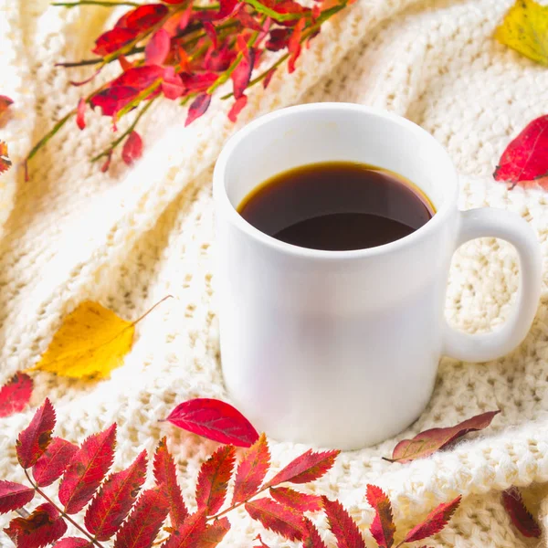 Örme bir eşarp ile ahşap bir masa üzerinde sonbahar ortamda sıcak kahve bir fincan kazak. Konfor, sıcaklık, rahat.