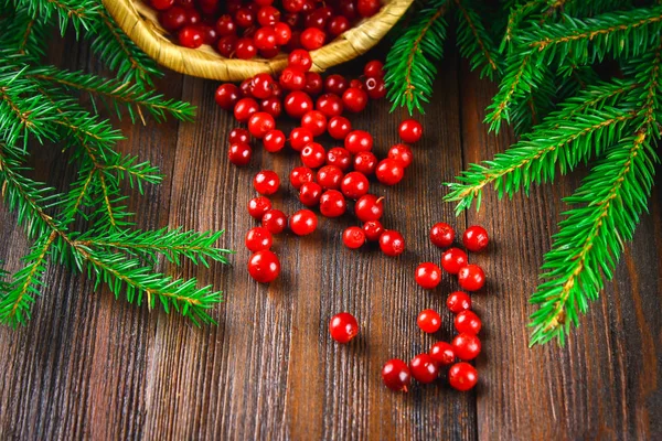 Fuska, kahverengi ahşap bir masa üzerinde sepeti üzerinden foxberry, kızılcık, İsveç kirazı sips. Çam dalları tarafından çevrili.