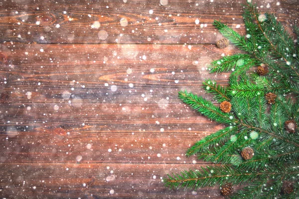 Julgran grenar med kottar på en trä bakgrund — Stockfoto