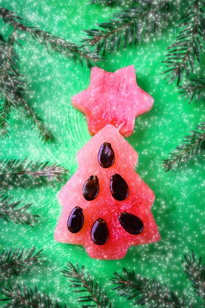 New Year tree made of watermelon with seeds. New Year Christmas. — Stock Photo, Image